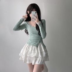 ツーピース 【SET着用可能】パール長袖Tシャツ レースリボンキャミソール ミニスカート(5color) MINT-TOP