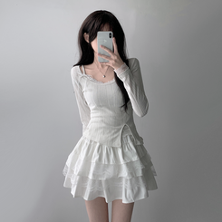 ツーピース 【SET着用可能】パール長袖Tシャツ レースリボンキャミソール ミニスカート(5color) IVORY-TOP