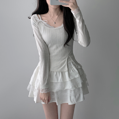 ツーピース 【SET着用可能】パール長袖Tシャツ レースリボンキャミソール ミニスカート(5color) IVORY-TOP