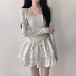 ツーピース 【SET着用可能】パール長袖Tシャツ レースリボンキャミソール ミニスカート(5color) IVORY-TOP