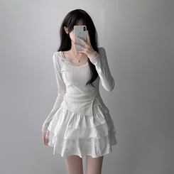 ツーピース 【SET着用可能】パール長袖Tシャツ レースリボンキャミソール ミニスカート(5color) IVORY-TOP