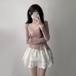 ツーピース 【SET着用可能】パール長袖Tシャツ レースリボンキャミソール ミニスカート(5color) INDIE PINK-TOP