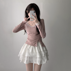 ツーピース 【SET着用可能】パール長袖Tシャツ レースリボンキャミソール ミニスカート(5color) INDIE PINK-TOP