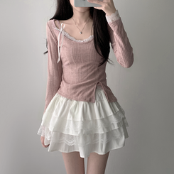 ツーピース 【SET着用可能】パール長袖Tシャツ レースリボンキャミソール ミニスカート(5color) INDIE PINK-TOP