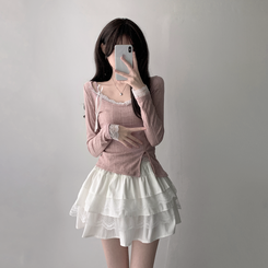 ツーピース 【SET着用可能】パール長袖Tシャツ レースリボンキャミソール ミニスカート(5color) INDIE PINK-TOP