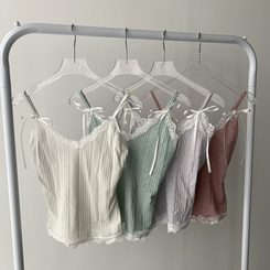ツーピース 【SET着用可能】パール長袖Tシャツ レースリボンキャミソール ミニスカート(5color)