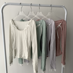 ツーピース 【SET着用可能】パール長袖Tシャツ レースリボンキャミソール ミニスカート(5color)