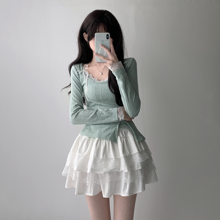 【SET着用可能】パール長袖Tシャツ レースリボンキャミソール ミニスカート(5color) MINT-TOP