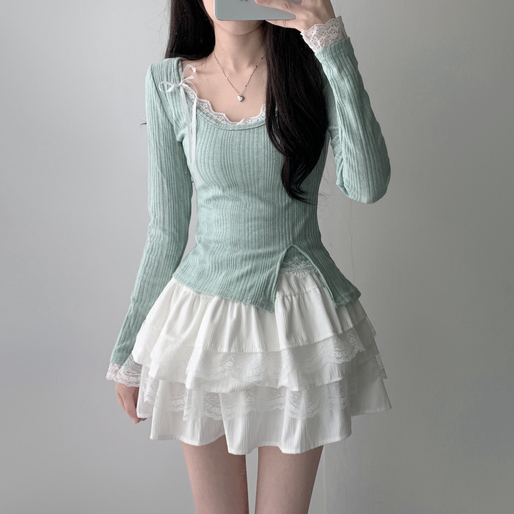 【SET着用可能】パール長袖Tシャツ レースリボンキャミソール ミニスカート(5color) MINT-TOP