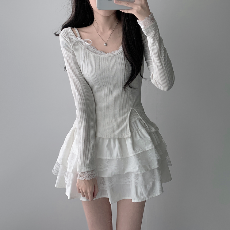 【SET着用可能】パール長袖Tシャツ レースリボンキャミソール ミニスカート(5color) IVORY-TOP