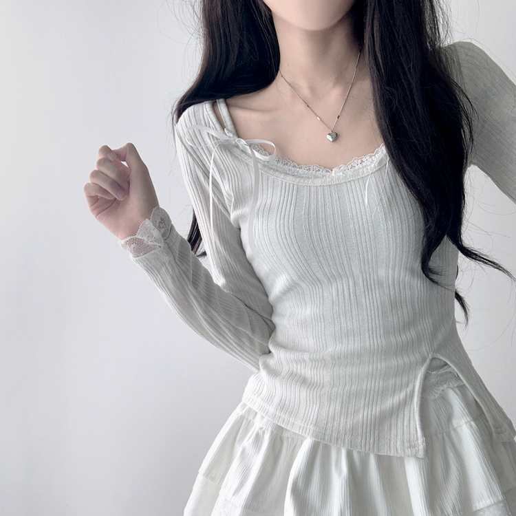 ツーピース 【SET着用可能】パール長袖Tシャツ レースリボンキャミソール ミニスカート(5color) IVORY-TOP