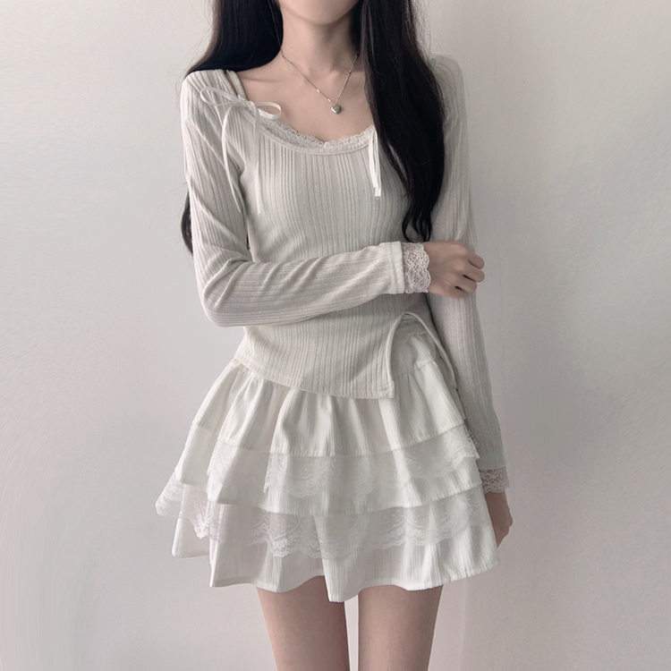【SET着用可能】パール長袖Tシャツ レースリボンキャミソール ミニスカート(5color) IVORY-TOP
