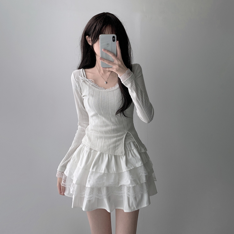 【SET着用可能】パール長袖Tシャツ レースリボンキャミソール ミニスカート(5color) IVORY-TOP