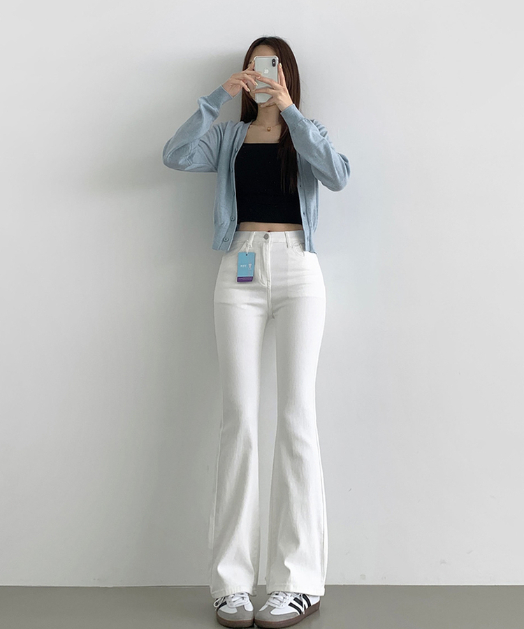 2XL폭넓은 컬러 생지 면 데님 슬림 세미 부츠컷 팬츠 화이트