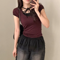 半袖Tシャツ ストライプパフ半袖Tシャツ WINE