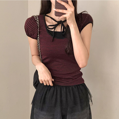 半袖Tシャツ ストライプパフ半袖Tシャツ WINE