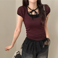 半袖Tシャツ ストライプパフ半袖Tシャツ WINE