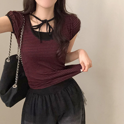 半袖Tシャツ ストライプパフ半袖Tシャツ WINE