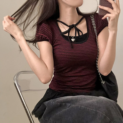 半袖Tシャツ ストライプパフ半袖Tシャツ WINE