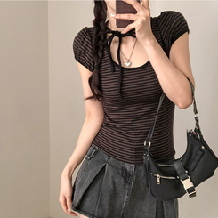 半袖Tシャツ ストライプパフ半袖Tシャツ BROWN