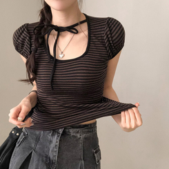 半袖Tシャツ ストライプパフ半袖Tシャツ BROWN