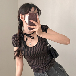 半袖Tシャツ ストライプパフ半袖Tシャツ BROWN