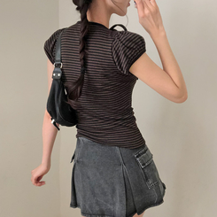 半袖Tシャツ ストライプパフ半袖Tシャツ BROWN