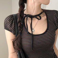 半袖Tシャツ ストライプパフ半袖Tシャツ BROWN