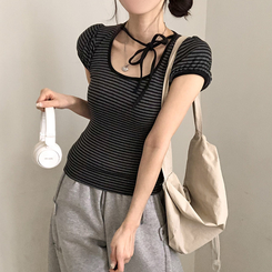 半袖Tシャツ ストライプパフ半袖Tシャツ BLACK