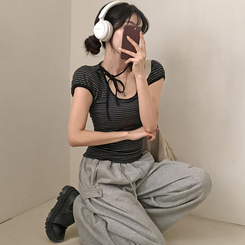 半袖Tシャツ ストライプパフ半袖Tシャツ BLACK