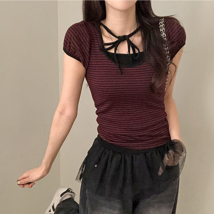 ストライプパフ半袖Tシャツ WINE
