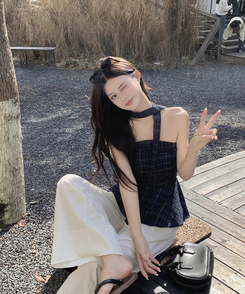 【マフラー付き】フリルチューブトップ NAVY