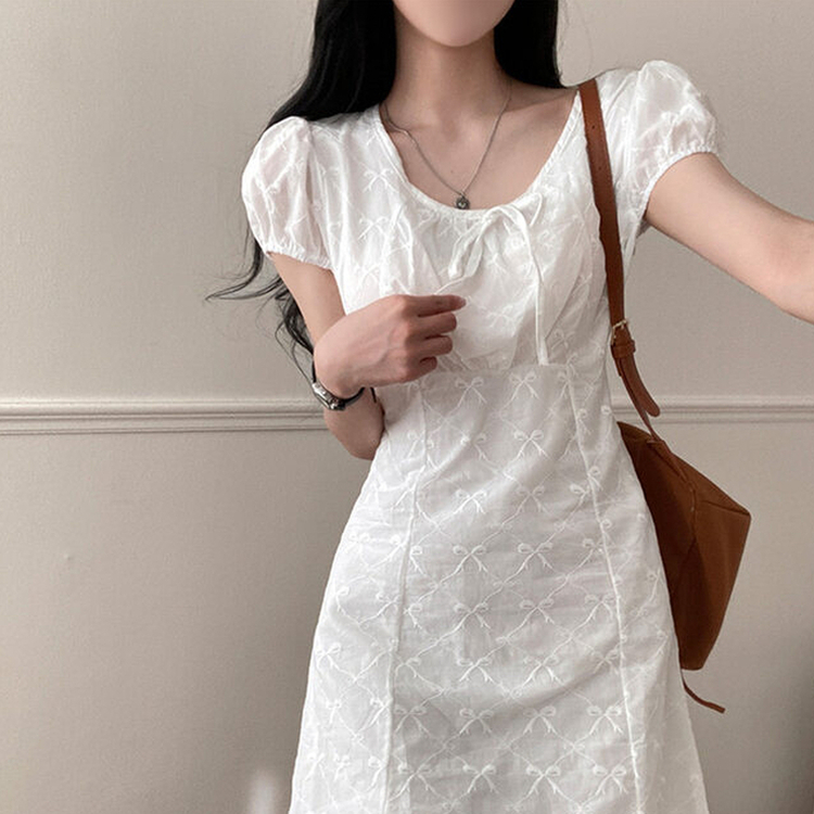 허니 펀칭 레이스 반팔 리본 미니 원피스 화이트