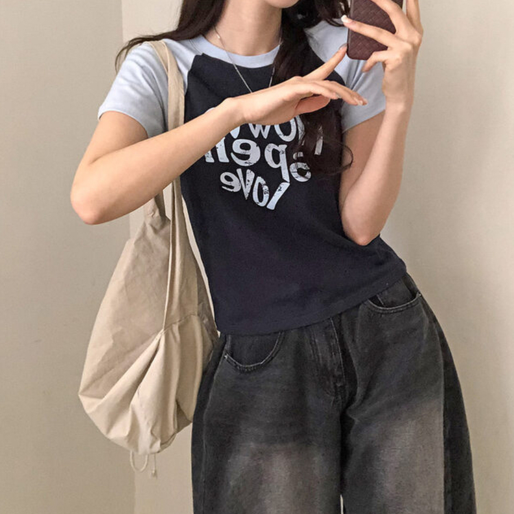 러브스펠 하트 레터링 배색 나그랑 반팔 티셔츠 네이비