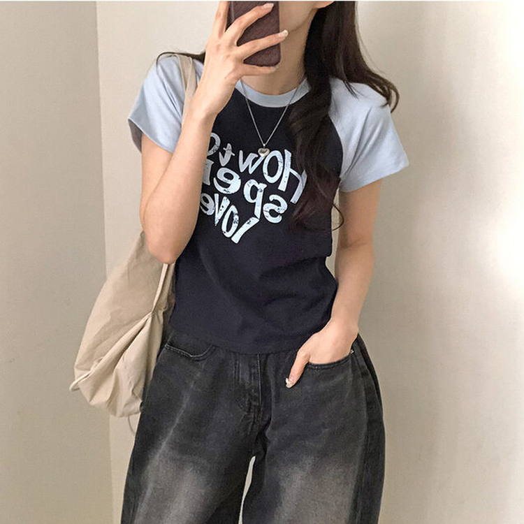 러브스펠 하트 레터링 배색 나그랑 반팔 티셔츠 네이비