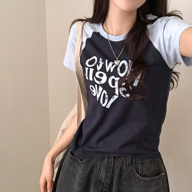 러브스펠 하트 레터링 배색 나그랑 반팔 티셔츠 네이비