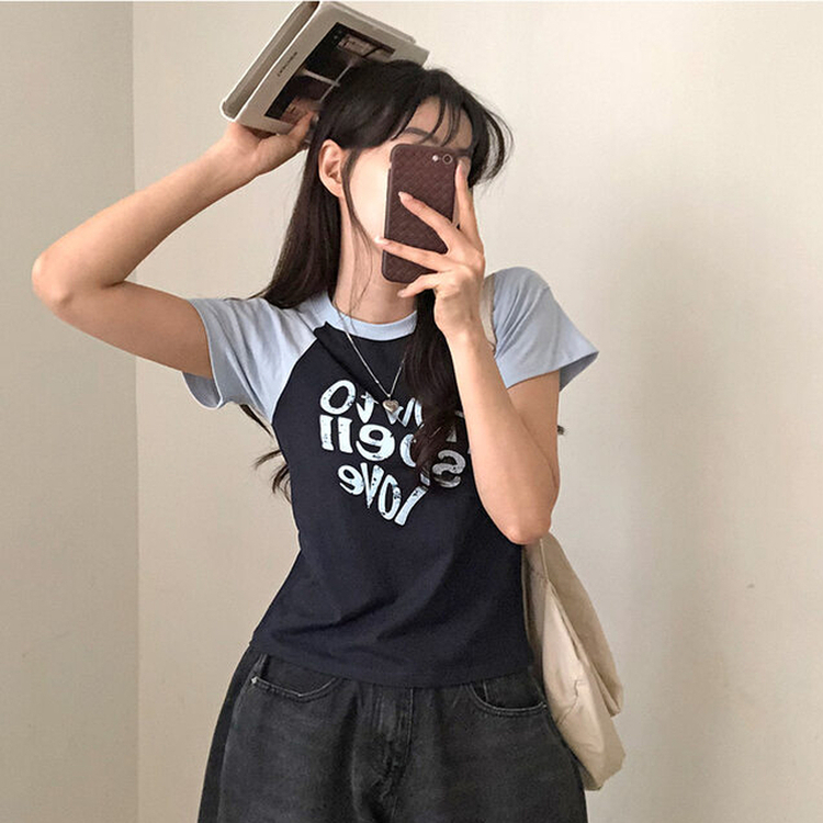 러브스펠 하트 레터링 배색 나그랑 반팔 티셔츠 네이비
