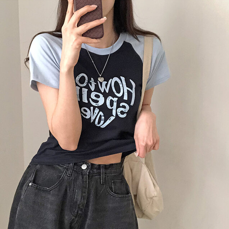 러브스펠 하트 레터링 배색 나그랑 반팔 티셔츠 네이비