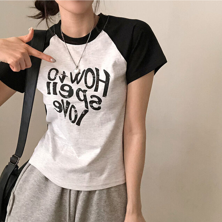러브스펠 하트 레터링 배색 나그랑 반팔 티셔츠 백멜란지