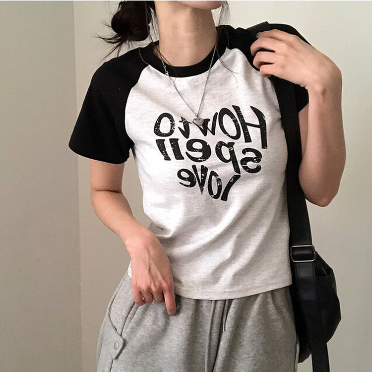 러브스펠 하트 레터링 배색 나그랑 반팔 티셔츠 백멜란지