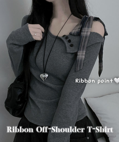 체크리본끈버튼오프숄더옆셔링슬림긴팔티 그레이