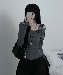 체크리본끈버튼오프숄더옆셔링슬림긴팔티 그레이