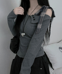 체크리본끈버튼오프숄더옆셔링슬림긴팔티 그레이