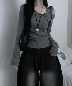 체크리본끈버튼오프숄더옆셔링슬림긴팔티 그레이