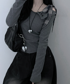 체크리본끈버튼오프숄더옆셔링슬림긴팔티 그레이