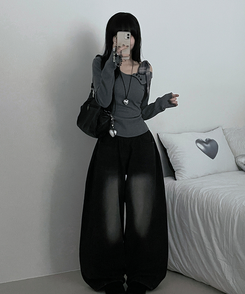 체크리본끈버튼오프숄더옆셔링슬림긴팔티 그레이