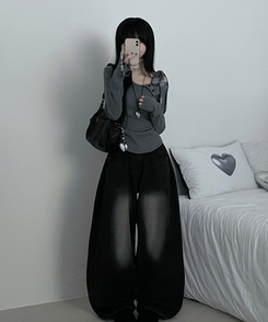 체크리본끈버튼오프숄더옆셔링슬림긴팔티 그레이