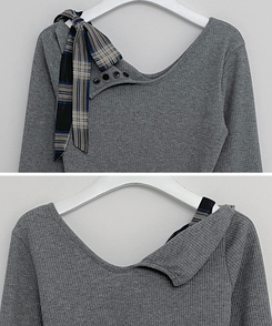 체크리본끈버튼오프숄더옆셔링슬림긴팔티