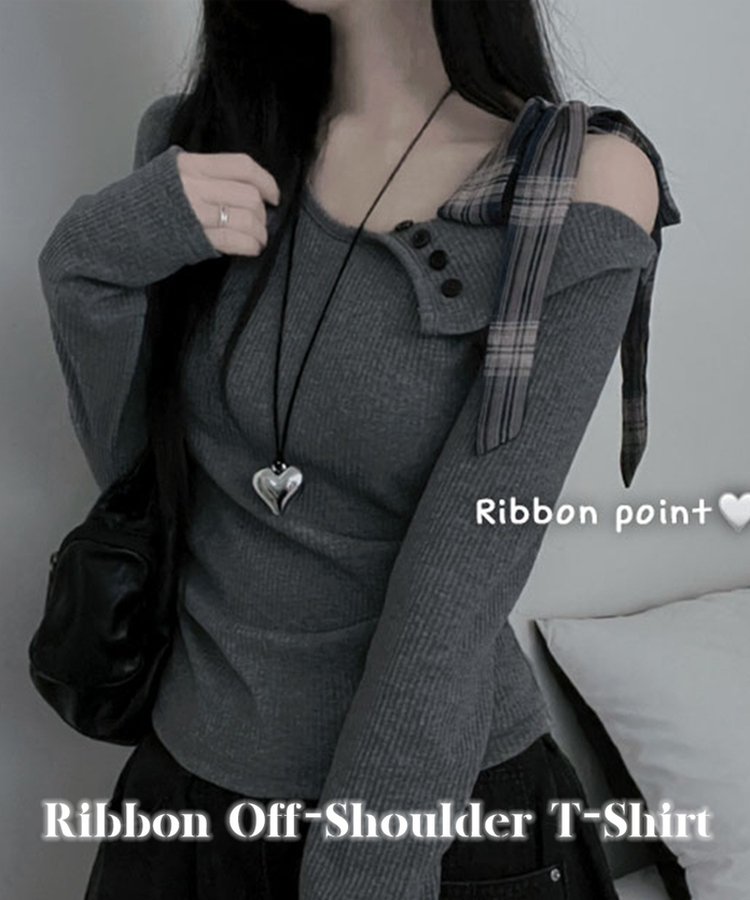 체크리본끈버튼오프숄더옆셔링슬림긴팔티 그레이
