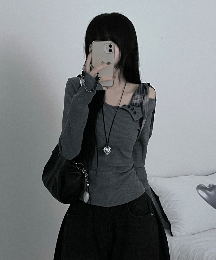 체크리본끈버튼오프숄더옆셔링슬림긴팔티 그레이